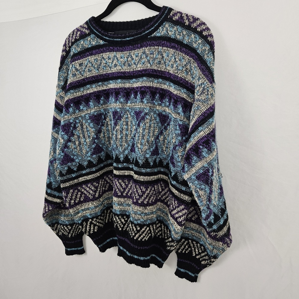 Vintage Mens Geometric Sweater Medium Multicolor Knit Expressions Int. Retro 80s